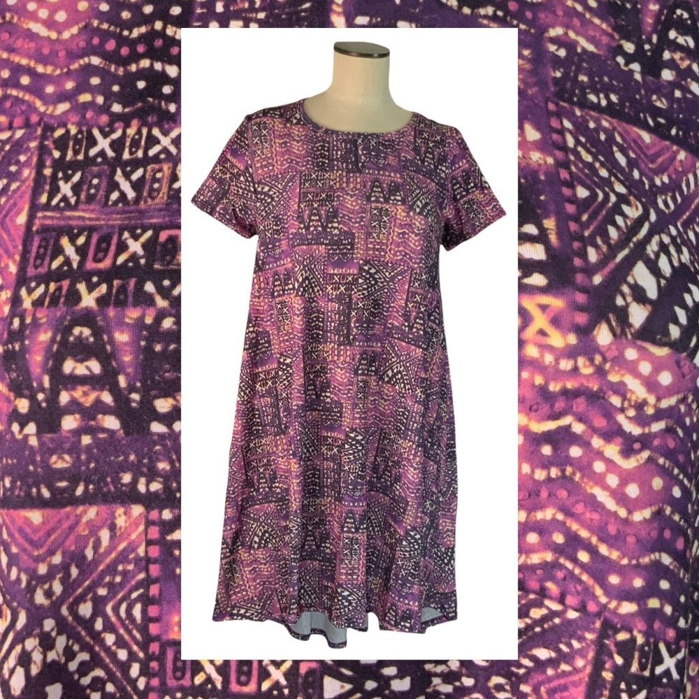 LuLaRoe Carly Dress Hi Lo Purple Tribal Abstract BoHo Pocket M Medium
